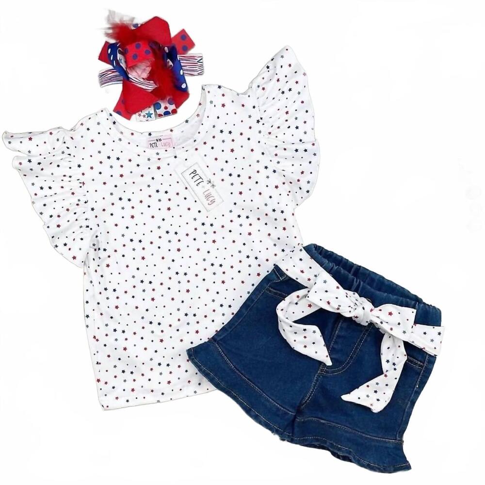 NEW PETE + LUCY girls july 4th denim short set in white/blue